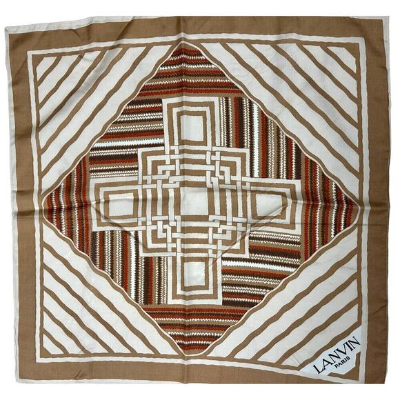 1970 Mob Wife VTG Square Scarf Lanvin Paris 100% Silk Made in France Brown Tan - Picture 1 of 5